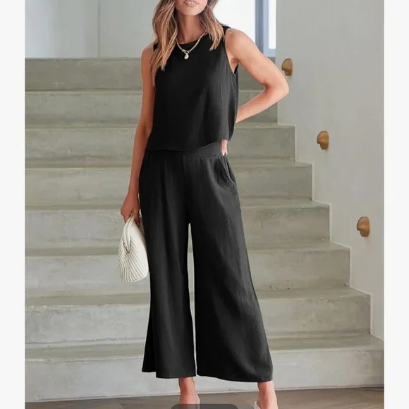 ANRABESS Summer 2 Piece Outfits Sleeveless Crop Top Black Wide Leg Pants Linen M - Picture 10 of 14